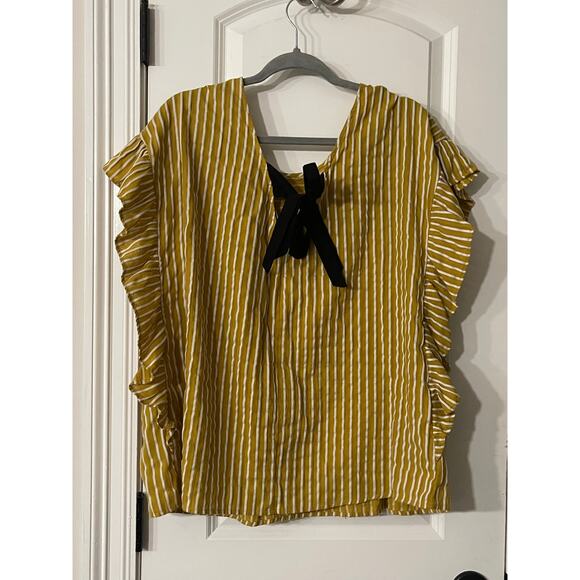 ELOQUII-Plus Size Mustard Yellow Striped Bow Back Ruffle Blouse - Picture 5 of 7